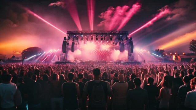 Concert Night Vibes: A lively crowd enjoys music under vibrant stage lights at a dynamic concert event