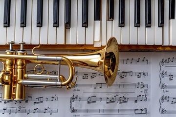 Obraz premium Brass instruments and piano concert concept with background of mouthpiece on piano keys and staff sheets. Top view. Horizontal composition.