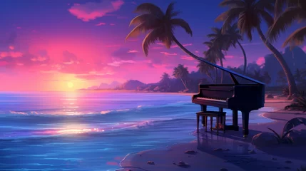  Piano on the tropical beach with palm trees during colorful sunset background. Sea with palm trees © Mr. Reddington