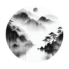 Black and white elegance minimalist landscape in chinese and japanese ink painting style. Round frame - 762267637
