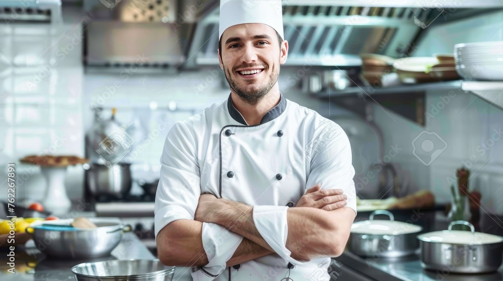 Poster smiling chef cook standing with arms folded