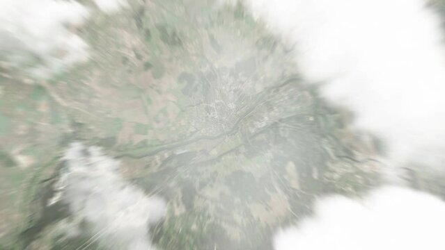 Earth zoom in from space to Jonava, Lithuania. Followed by zoom out through clouds and atmosphere into space. Satellite view. Travel intro. Images from NASA