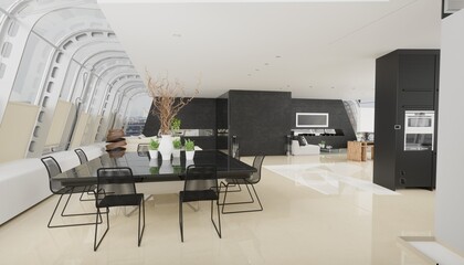 interior of modern house, kitchen and dining room - 762268231