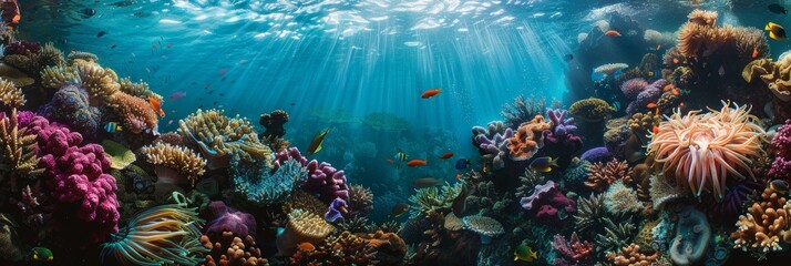 Fototapeta na wymiar Underwater vibrant coral reef garden teeming with life - Colorful corals of all shapes and sizes create a mesmerizing landscape with swaying sea anemones created with Generative AI Technology