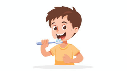Little boy brushing teeth flat vector isolated on wh