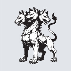 3 headed hell dog cerberus drawing art black and white vector illustration
