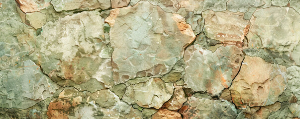 Rustic Stone Cladding Texture. A panoramic view of rustic stone cladding, with a diverse array of shapes and a palette of earthy tones creating a natural textured surface.