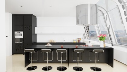 black modern kitchen in a house with a beautiful design - 762268485