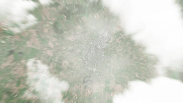 Earth zoom in from space to Marijampole, Lithuania. Followed by zoom out through clouds and atmosphere into space. Satellite view. Travel intro. Images from NASA
