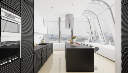 interior of modern kitchen with black and white furniture. - 762268875