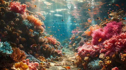 Zelfklevend Fotobehang Underwater vibrant coral reef garden teeming with life - Colorful corals of all shapes and sizes create a mesmerizing landscape with swaying sea anemones created with Generative AI Technology © Art Creations