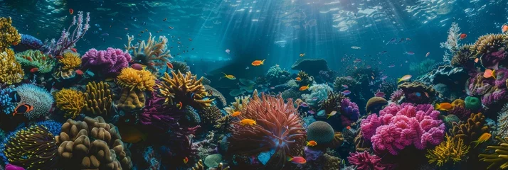 Gordijnen Underwater vibrant coral reef garden teeming with life - Colorful corals of all shapes and sizes create a mesmerizing landscape with swaying sea anemones created with Generative AI Technology © Art Creations