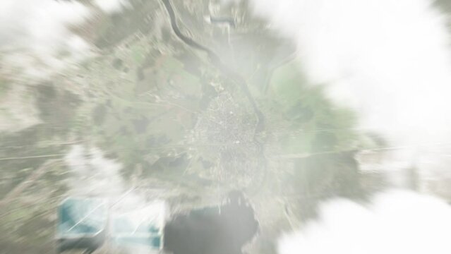 Earth zoom in from space to Narva, Estonia. Followed by zoom out through clouds and atmosphere into space. Satellite view. Travel intro. Images from NASA