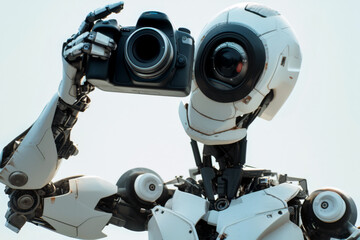 Portrait of a humanoid robot working with a camera in its hands. Concept of video surveillance using artificial intelligence.