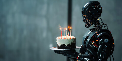Close-up of a black robot holding a birthday cake with burning candles.