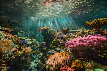 Naklejka na ściany i meble Underwater vibrant coral reef garden teeming with life - Colorful corals of all shapes and sizes create a mesmerizing landscape with swaying sea anemones created with Generative AI Technology