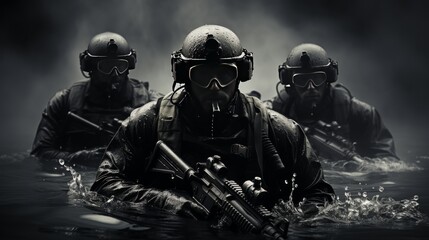 Soldiers in Water With Guns - obrazy, fototapety, plakaty
