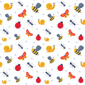 Seamless childish pattern with cute bugs, bee, snail. Vector illustration. Use for textile, print, surface design, fashion kids wear.