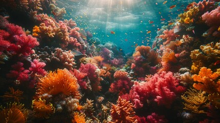 Obraz na płótnie Canvas Underwater vibrant coral reef garden teeming with life - Colorful corals of all shapes and sizes create a mesmerizing landscape with swaying sea anemones created with Generative AI Technology