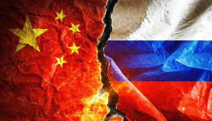 China and Russia Flags with Cracked Texture Illustrating Diplomatic Tension