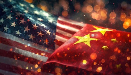 US and China Flags with Sparkling Lights - obrazy, fototapety, plakaty