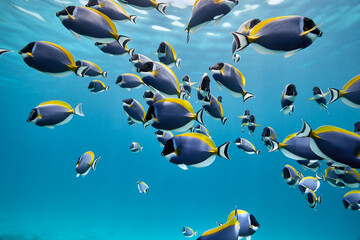 Acanthurus leucosternon Powderblue surgeonfish school in blue ocean