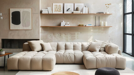 Aesthetic tufted cosy beige corner sofa in spacious lightroom interior. Minimalistic style. Generative AI