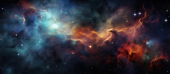 An artistic representation of a cosmic event in space, depicting a landscape of swirling gas clouds and distant astronomical objects against a celestial sky backdrop - obrazy, fototapety, plakaty