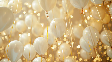 a room roof full of white balloons with golden long ribbon, Birthday party, wedding, anniversary and event celebration backdrop decoration design. - obrazy, fototapety, plakaty