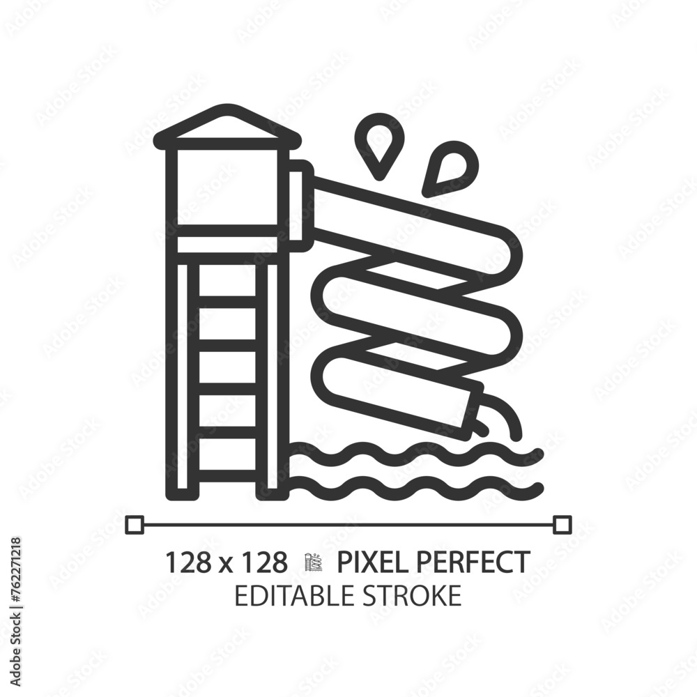 Wall mural Waterslide pixel perfect linear icon. Aqua park attraction. Family vacation. Leisure activity. Water playground. Thin line illustration. Contour symbol. Vector outline drawing. Editable stroke - Wall murals