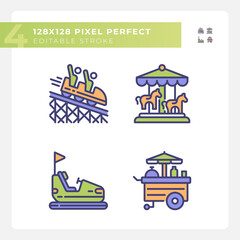 Riding amusement pixel perfect RGB color icons set. Fairground attraction, vacation. Roundabout carousel. Isolated vector illustrations. Simple filled line drawings collection. Editable stroke