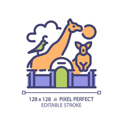 Zoo life exhibition pixel perfect RGB color icon. Zoological park, wildlife preservation. Animal habitats. Isolated vector illustration. Simple filled line drawing. Editable stroke