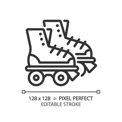Disco roller skates pixel perfect linear icon. Old fashioned. Classic skating equipment. Funky party, retro footwear. Thin line illustration. Contour symbol. Vector outline drawing. Editable stroke