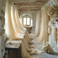  Ethereal silk veils hanging in a serene workshop