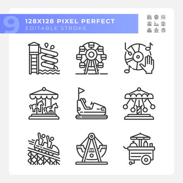 Amusement park attractions pixel perfect linear icons set. Fairground activities. Family vacation. Customizable thin line symbols. Isolated vector outline illustrations. Editable stroke