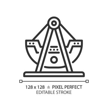 Swinging pirate ship pixel perfect linear icon. Swing boat amusement. Viking thematical park. Festival attraction. Thin line illustration. Contour symbol. Vector outline drawing. Editable stroke