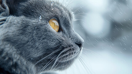 ice blue cat in snow blurred photo background, cute fur cat in snow 