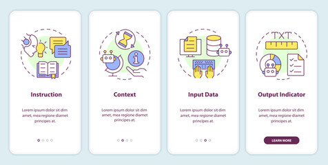 Prompt key elements onboarding mobile app screen. Walkthrough 4 steps editable graphic instructions with linear concepts. UI, UX, GUI template. Myriad Pro-Bold, Regular fonts used