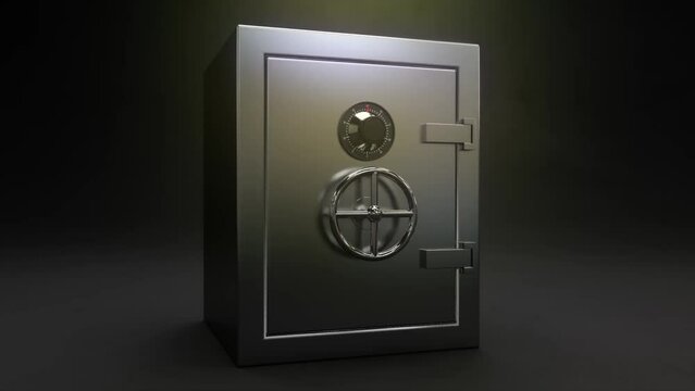 3D animation of strongbox being unlocked with gold bars and pile of US dollar banknotes inside