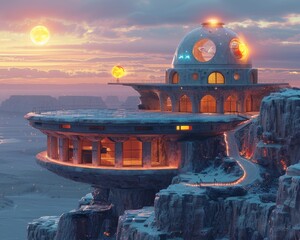 Desert observatory with magical orrery planets aligning - obrazy, fototapety, plakaty