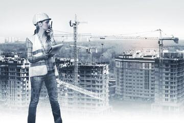 Woman with walkie talkies and building site, collage, multi-exposure