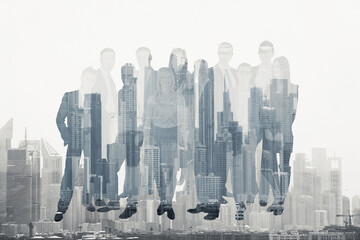 Eleven people in strict suits, collage, multi-exposure
