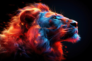 bright multicolored profile of neon glow face lion on black isolated background