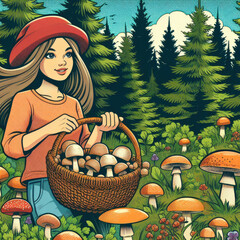 Young girl in forest with basket of mushrooms. Color image in vintage style, plakat, poster - 762271889