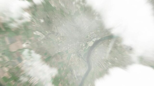 Earth zoom in from space to Erd, Hungary. Followed by zoom out through clouds and atmosphere into space. Satellite view. Travel intro. Images from NASA