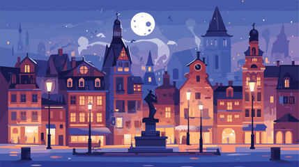 Old City Buildings at Night flat vector - obrazy, fototapety, plakaty