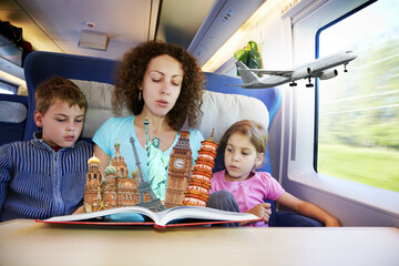 Woman with two children dreams of traveling in train, collage