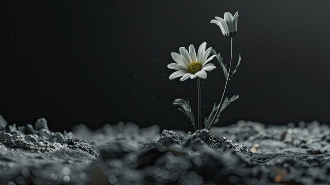 a pristine white flower, such as a daisy, delicately adorned with ash against a dark background, evoking a sense of contrast and intrigue.