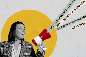 Magazine picture sketch collage image of excited lady broadcasting bull horn fake news isolated...