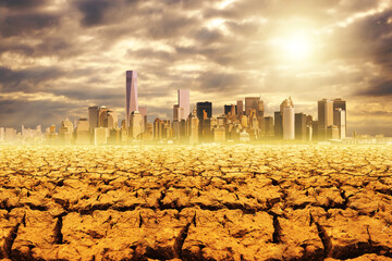Global warming - dried up barren land and city, collage